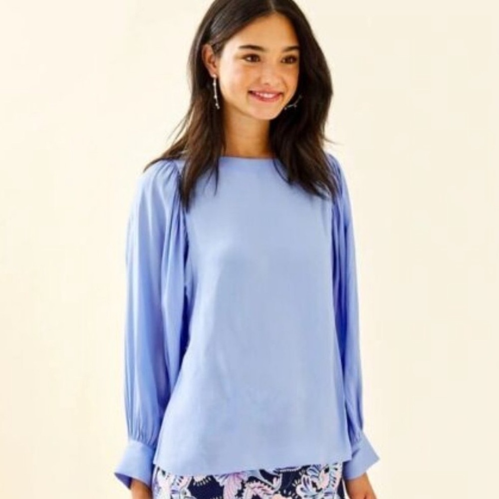 Lilly Pulitzer Maisel Top Blue Peri Long Sleeve Blouse Easy Fit Boat Neck